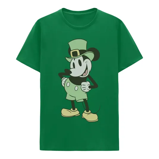 Green t-shirt featuring a character wearing a leprechaun hat and shoes, styled in a classic cartoon design.
