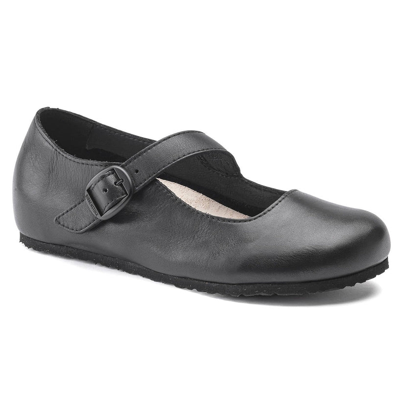 Black Mary Jane flat shoe with a strap and buckle closure.