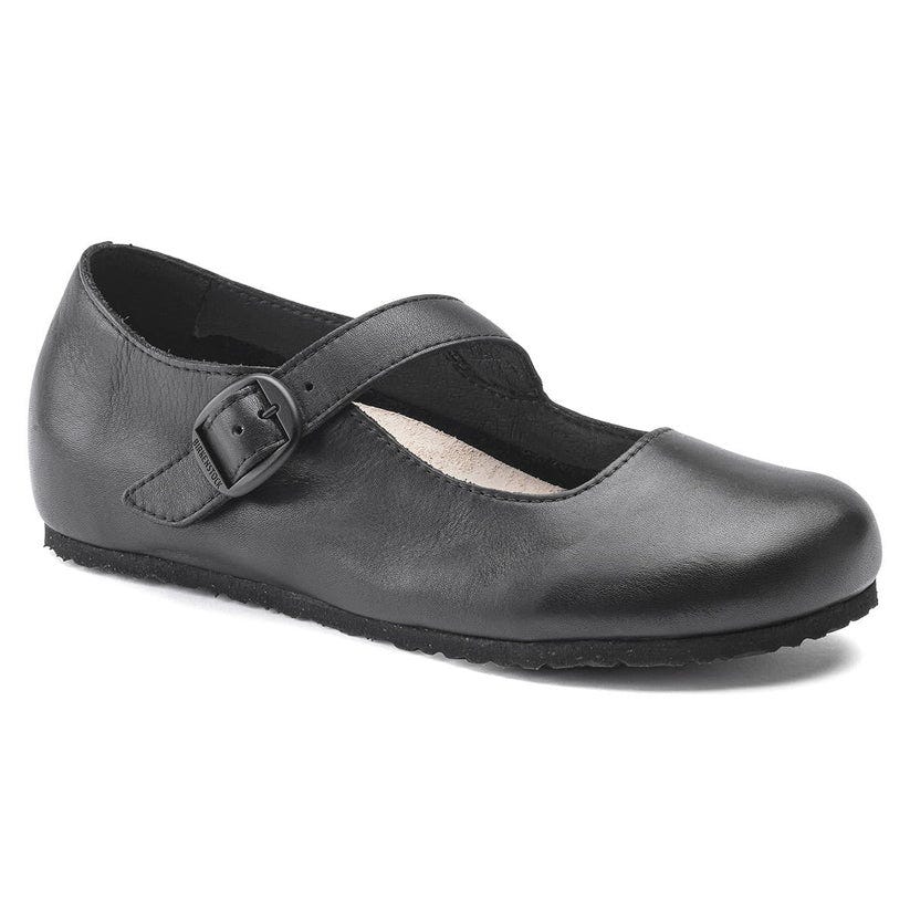 Black Mary Jane flat shoe with a strap and buckle closure.