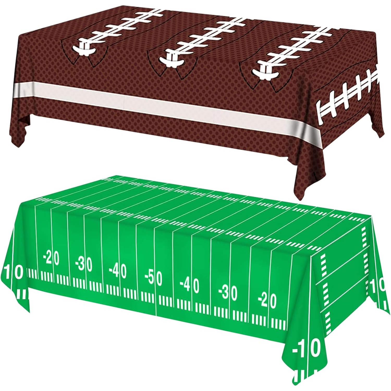 Two football-themed table covers: one resembles a brown football with white laces, the other mimics a green football field with yard lines marked from 10 to 50.