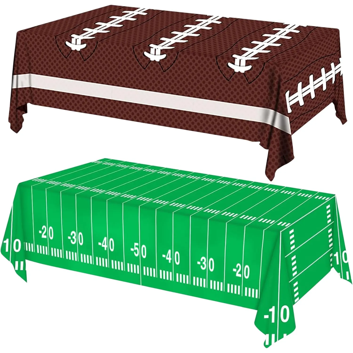 Two football-themed table covers: one resembles a brown football with white laces, the other mimics a green football field with yard lines marked from 10 to 50.