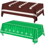 Two football-themed table covers: one resembles a brown football with white laces, the other mimics a green football field with yard lines marked from 10 to 50.