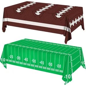 Two football-themed table covers: one resembles a brown football with white laces, the other mimics a green football field with yard lines marked from 10 to 50.