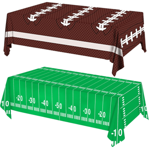 Two football-themed table covers: one resembles a brown football with white laces, the other mimics a green football field with yard lines marked from 10 to 50.