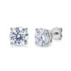 A pair of round diamond stud earrings set in a four-prong white metal setting, with a classic post and butterfly back design.