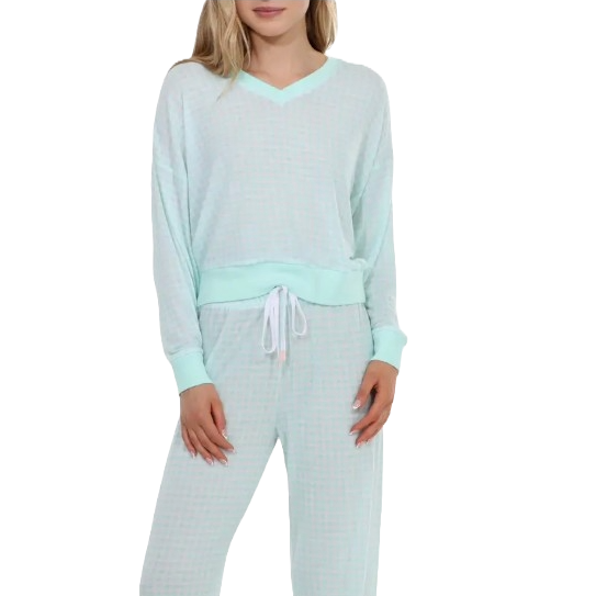 A light mint-green pajama set featuring a long-sleeve top with a V-neck and cuffed sleeves, paired with matching drawstring pants.