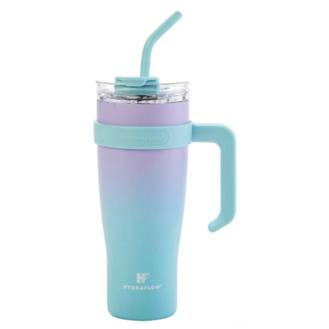 A Hydraflow insulated tumbler with a gradient design, featuring a handle and a lid with a straw for convenient drinking.