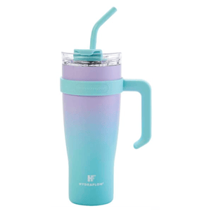 A Hydraflow insulated tumbler with a gradient design, featuring a handle and a lid with a straw for convenient drinking.