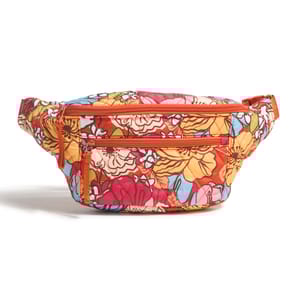 Vera Bradley Large Belt Bag features a vibrant floral pattern with orange zippers and strap. It has multiple zippered compartments for storage, combining colorful design with functionality.