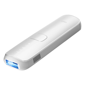 A white handheld device with a blue light at the end, likely a UV sanitizer with indicator lights and ventilation slits.