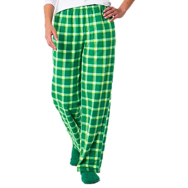 Green plaid pajama pants with elastic waistband paired with matching green fuzzy socks.