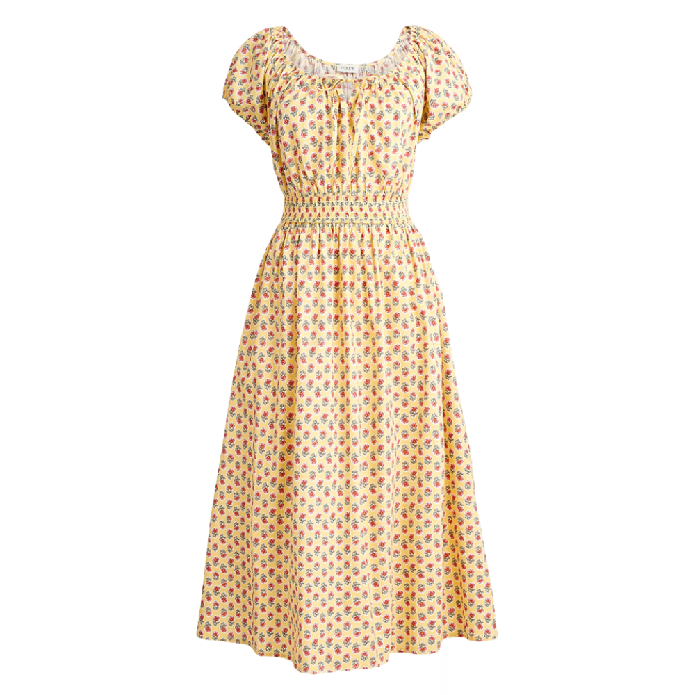 A floral-patterned yellow dress with puffed short sleeves and a smocked waist, featuring a round neckline with a small bow detail and a midi-length skirt.