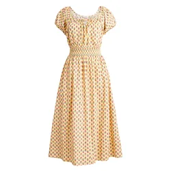 A floral-patterned yellow dress with puffed short sleeves and a smocked waist, featuring a round neckline with a small bow detail and a midi-length skirt.