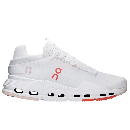 On CloudNova 2 shoes feature a sleek, low-profile design with a predominantly white color, subtle red accents, CloudTec outsole, and perforated details for breathability. They offer a modern aesthetic and are engineered for comfort and performance.