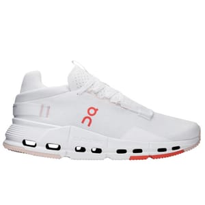 On CloudNova 2 shoes feature a sleek, low-profile design with a predominantly white color, subtle red accents, CloudTec outsole, and perforated details for breathability. They offer a modern aesthetic and are engineered for comfort and performance.