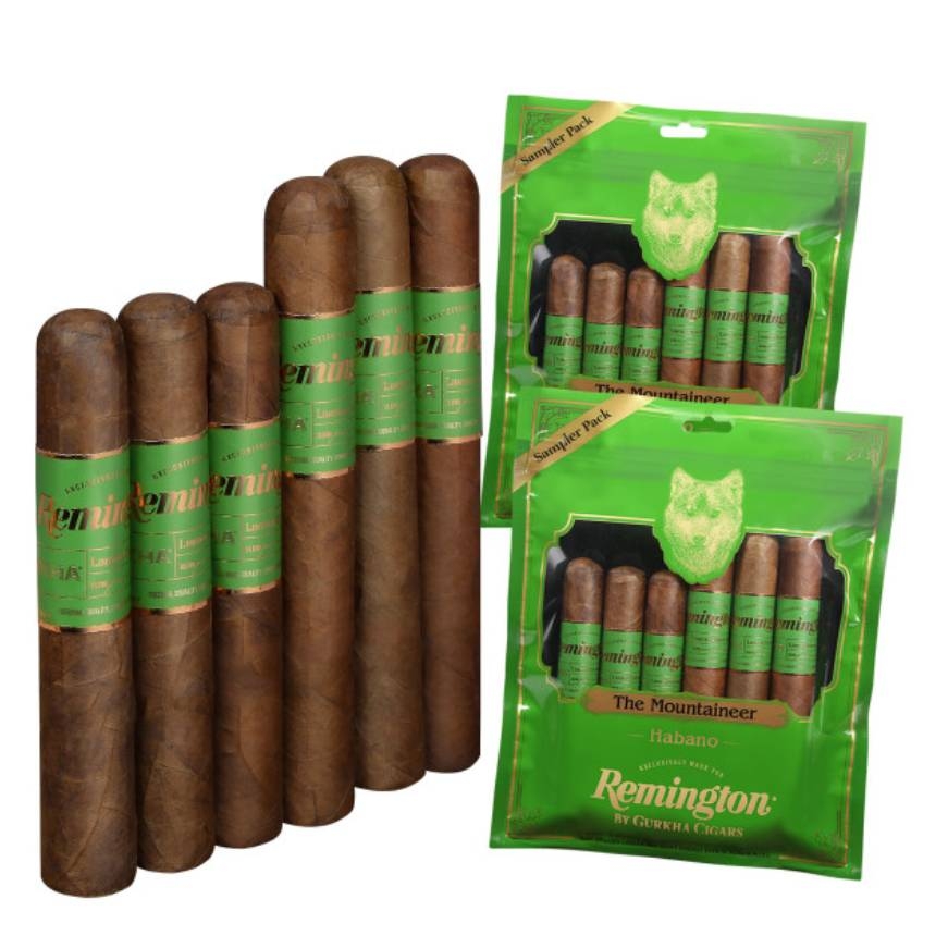 Twelve Remington cigars are displayed, six loose and six in two sealed green packages labeled \“The Mountaineer Habano.\“