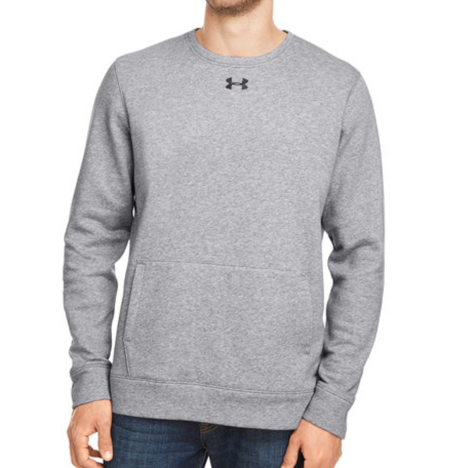 Gray Under Armour Hustle Fleece Sweatshirt featuring a crew neck, ribbed cuffs, hem, a front pocket, and the Under Armour logo on the chest.