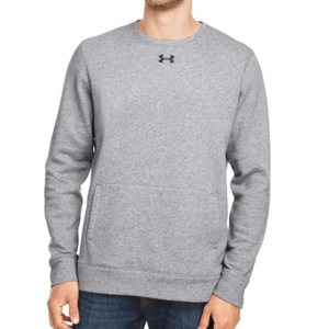 Gray Under Armour Hustle Fleece Sweatshirt featuring a crew neck, ribbed cuffs, hem, a front pocket, and the Under Armour logo on the chest.