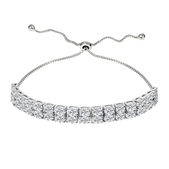 A silver adjustable bracelet featuring two rows of sparkling round-cut stones, secured with a sliding clasp for a customized fit.
