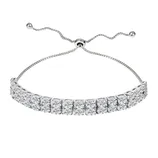 A silver adjustable bracelet featuring two rows of sparkling round-cut stones, secured with a sliding clasp for a customized fit.