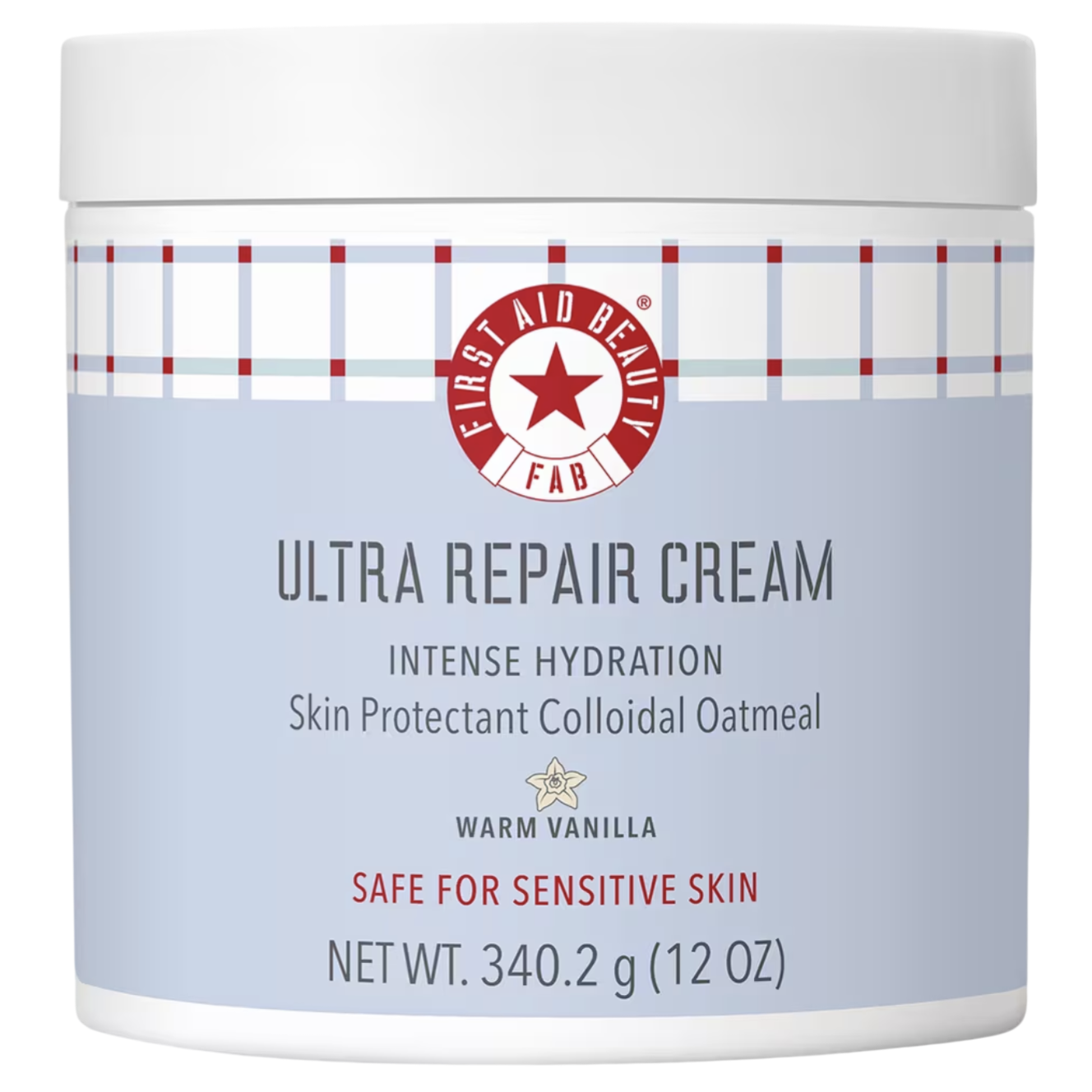 First Aid Beauty Ultra Repair Cream, Intense Hydration with colloidal oatmeal, warm vanilla scent, 340.2g (12 oz), safe for sensitive skin.