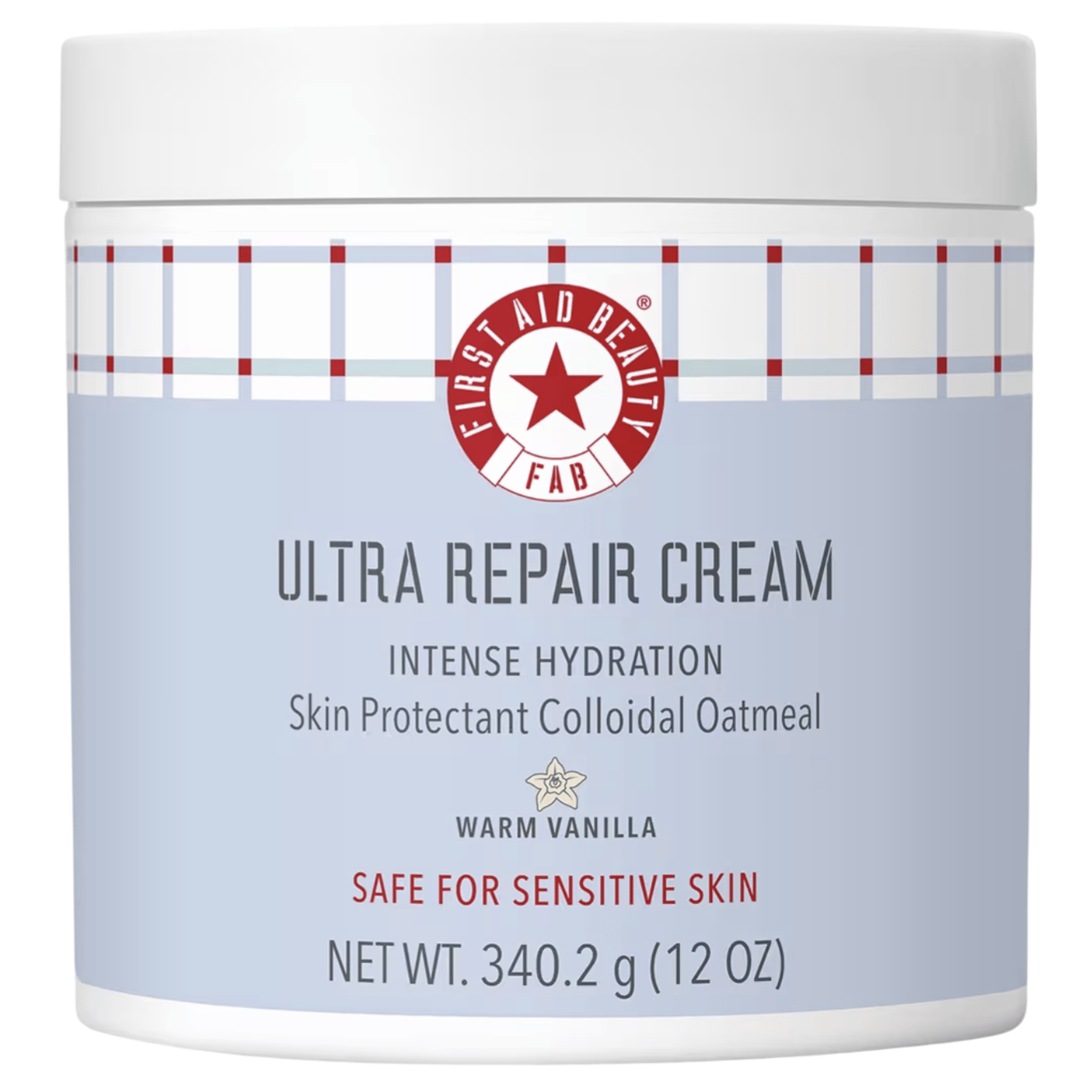First Aid Beauty Ultra Repair Cream, Intense Hydration with colloidal oatmeal, warm vanilla scent, 340.2g (12 oz), safe for sensitive skin.