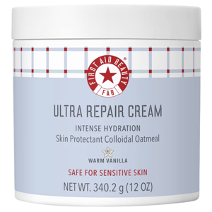 First Aid Beauty Ultra Repair Cream, Intense Hydration with colloidal oatmeal, warm vanilla scent, 340.2g (12 oz), safe for sensitive skin.