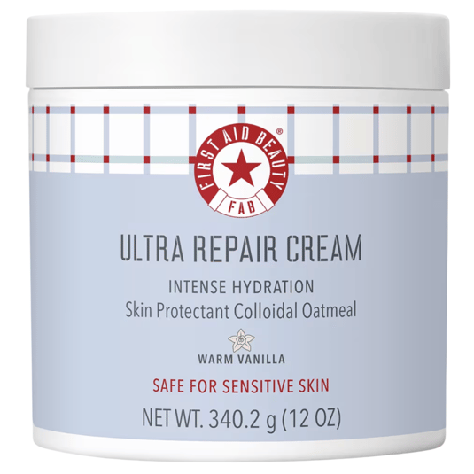 First Aid Beauty Ultra Repair Cream, Intense Hydration with colloidal oatmeal, warm vanilla scent, 340.2g (12 oz), safe for sensitive skin.