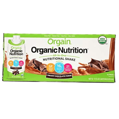 Orgain Organic Nutrition All-In-One Nutritional Shake, Creamy Chocolate Fudge flavor, 11 fl oz cartons, 12 pack. Contains 16g protein, 21 vitamins and minerals. USDA Organic, gluten-free, soy-free, non-GMO.