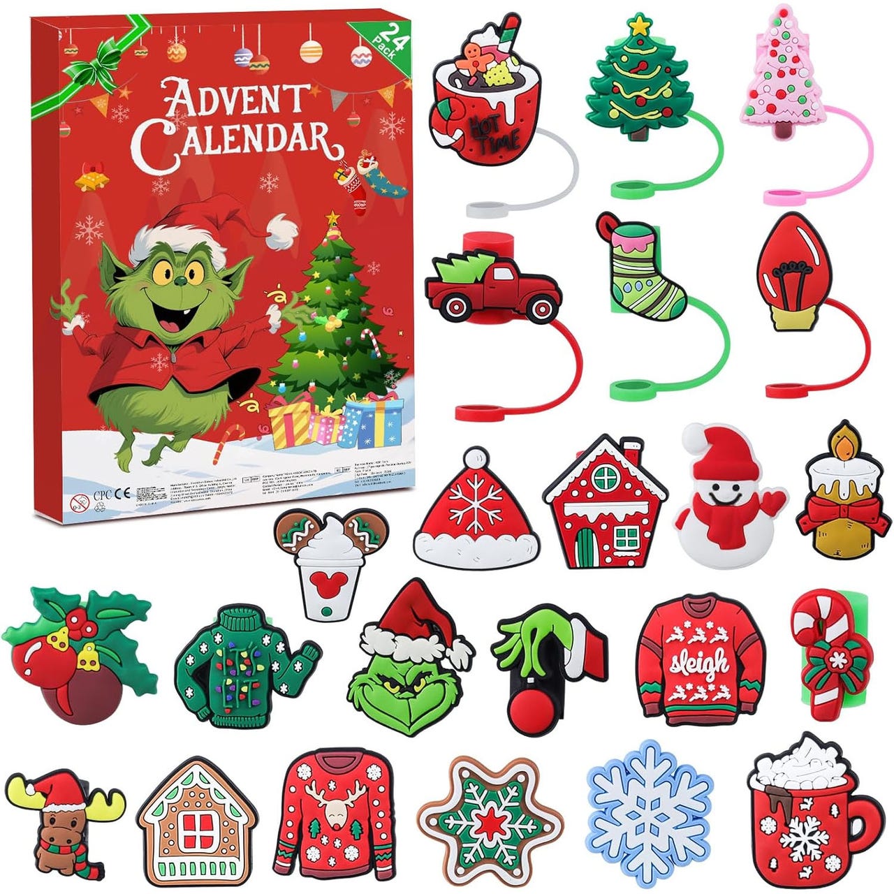 Advent calendar containing 24-piece Christmas-themed charms featuring festive designs like a green creature, Christmas tree, candy cane, snowman, sweater, and gingerbread house.