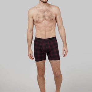A man wearing plaid boxer briefs.