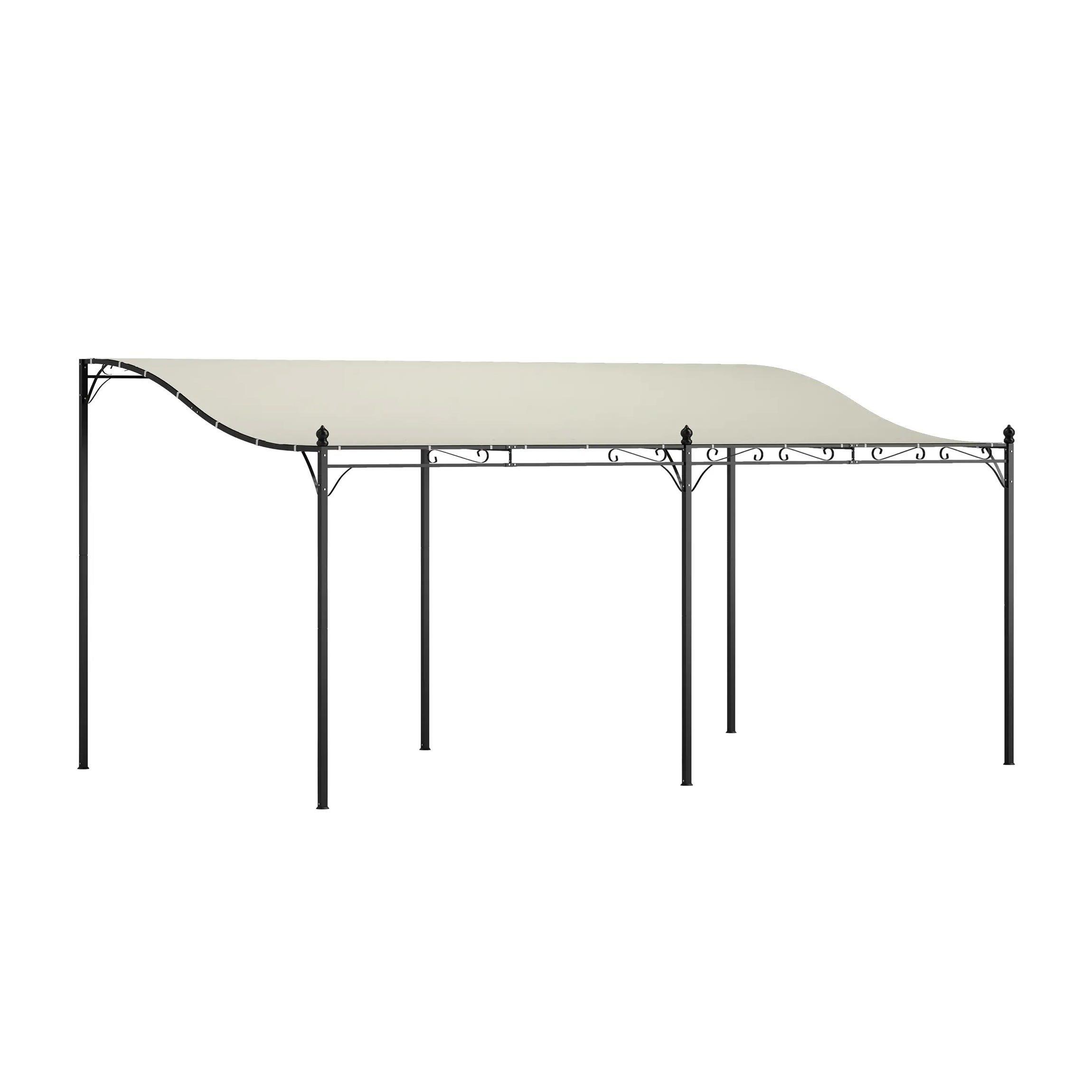 A 16-foot outdoor pergola canopy with a cream-colored fabric top and a black metal frame, featuring decorative scrollwork on the sides and support beams.