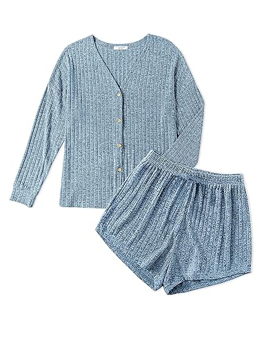 A set of women's pajamas featuring a long-sleeve button-up top and matching shorts, both in a heathered blue fabric.