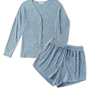 A set of women's pajamas featuring a long-sleeve button-up top and matching shorts, both in a heathered blue fabric.