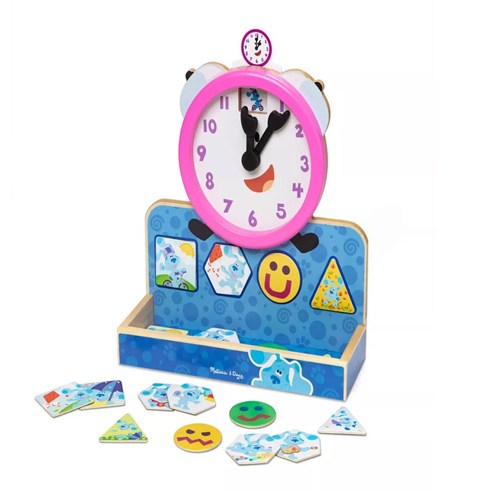 A colorful Melissa & Doug clock puzzle game with interchangeable shaped number pieces and expression cards for learning time and emotions.