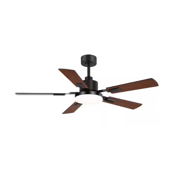 Ceiling fan with dark wood blades, black metal fixture, and a round center light.