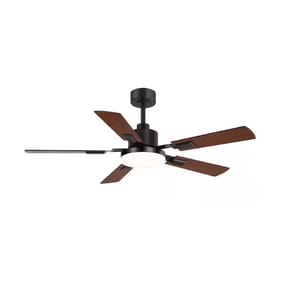 Ceiling fan with dark wood blades, black metal fixture, and a round center light.