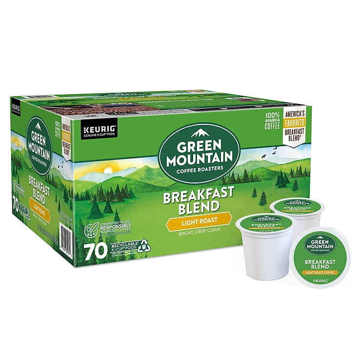 Green Mountain Coffee Roasters Breakfast Blend light roast coffee in a box of 70 recyclable Keurig K-Cup pods.