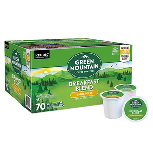 Green Mountain Coffee Roasters Breakfast Blend light roast coffee in a box of 70 recyclable Keurig K-Cup pods.