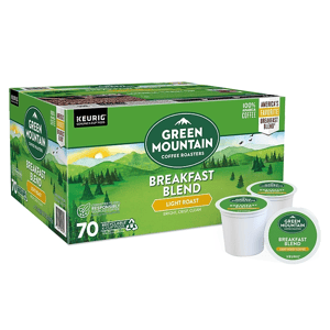 Green Mountain Coffee Roasters Breakfast Blend light roast coffee in a box of 70 recyclable Keurig K-Cup pods.