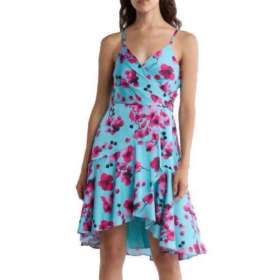 A sleeveless, floral patterned dress with a turquoise background, featuring pink flowers, spaghetti straps, and an asymmetrical hemline.
