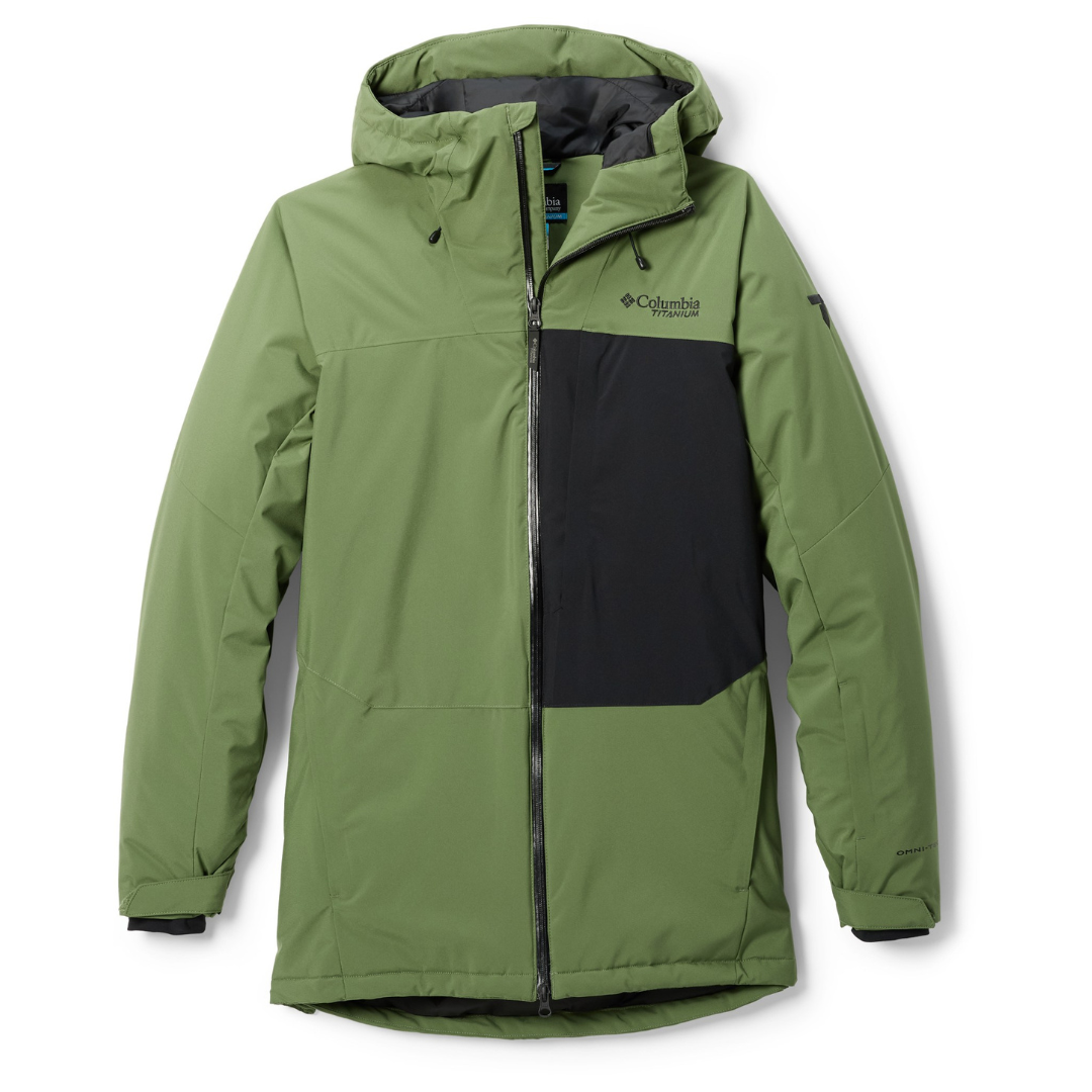 Columbia Winter District Jacket in green with black accents features a hood and full front zipper for warmth and protection. The jacket is designed for winter conditions, offering practical style and functionality.