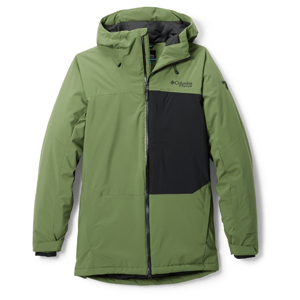 Columbia Winter District Jacket in green with black accents features a hood and full front zipper for warmth and protection. The jacket is designed for winter conditions, offering practical style and functionality.