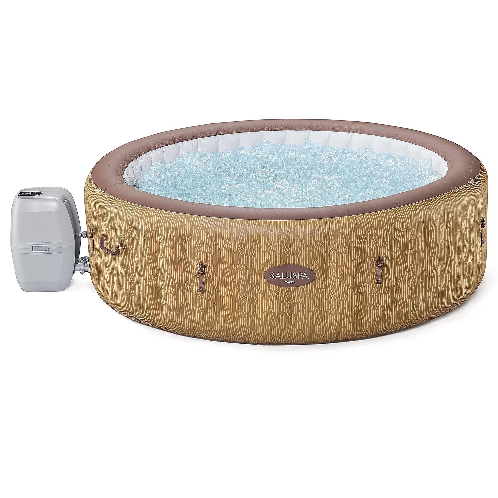 Inflatable hot tub with a faux-wood design and a separate pump unit.