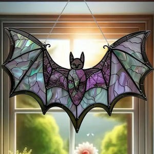 Stained glass suncatcher shaped like a bat with iridescent panels and hanging chains.