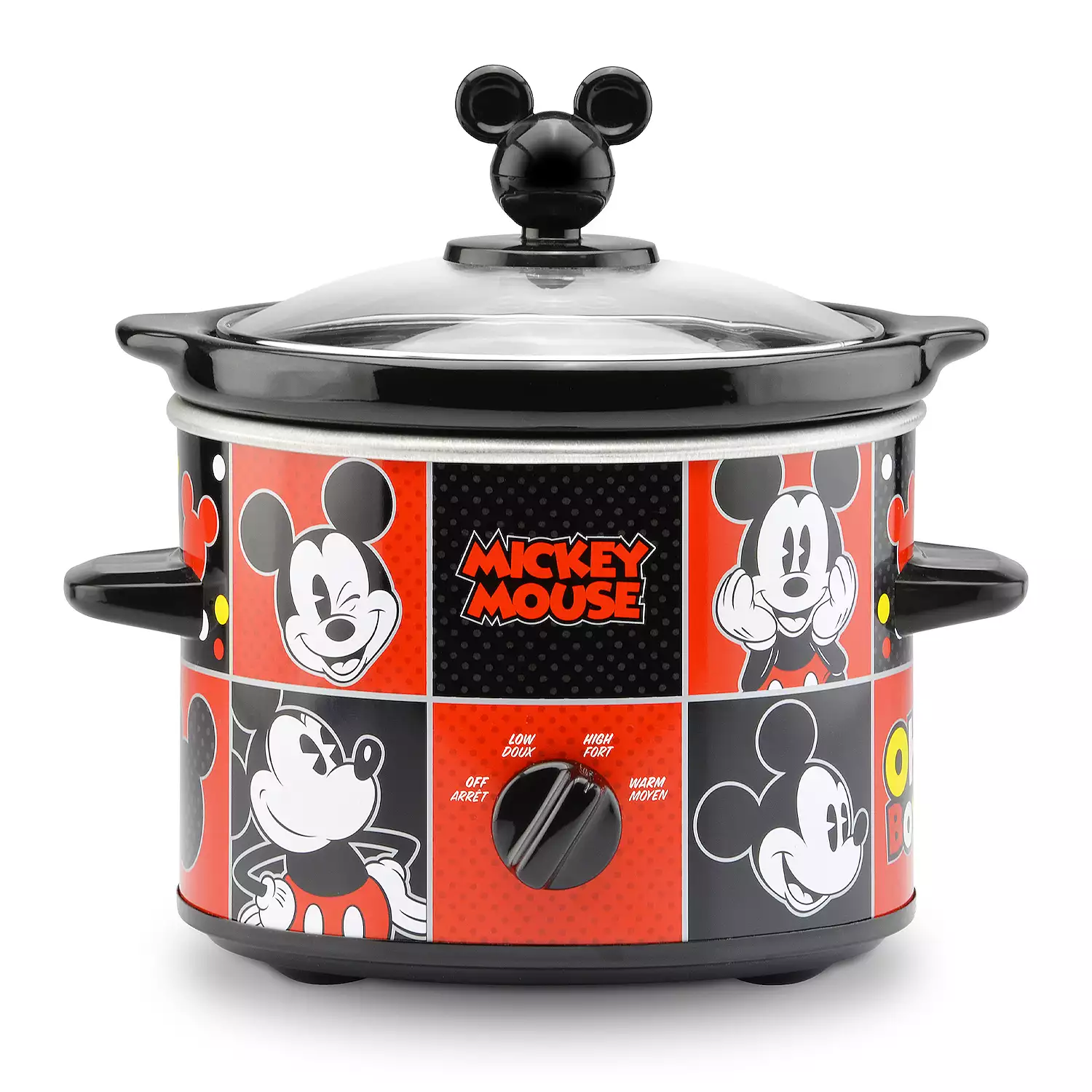 A Mickey Mouse-themed slow cooker with multiple images of the character and a knob featuring settings.