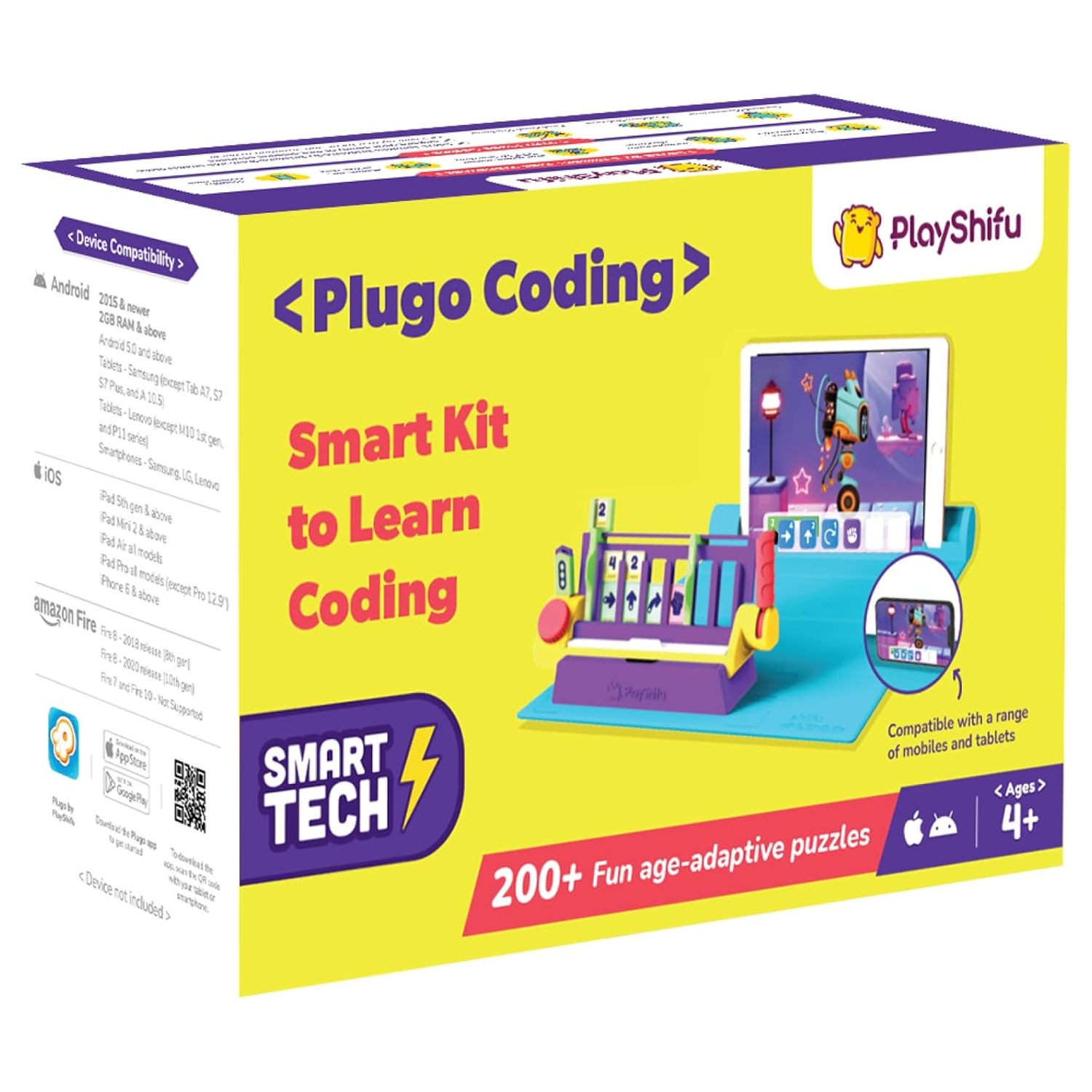 PlayShifu Plugo Coding Kit is a smart coding set for kids aged 4 and above with 200+ fun puzzles. It's compatible with various Android, iOS, and Amazon Fire devices.