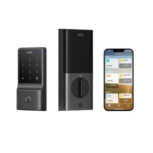 Eufy smart lock with touchscreen keypad, motorized deadbolt, and a smartphone showing a connected app interface for home automation control.