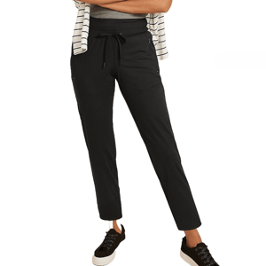 Black jogger pants with a drawstring waistband, paired with black sneakers.