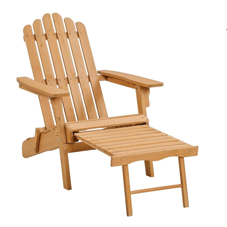 Wooden Adirondack chair with a pull-out footrest, featuring slatted back and armrests, designed for outdoor relaxation.